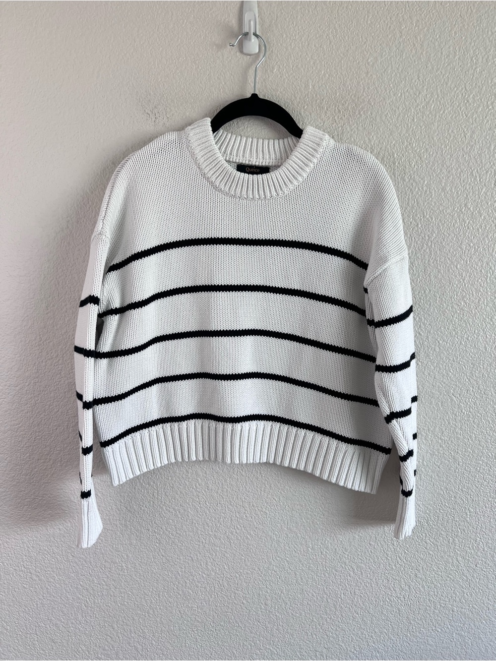 Quince Women's 100% Organic Cotton Striped Crew Sweater Ivory Black - Picture 2 of 7